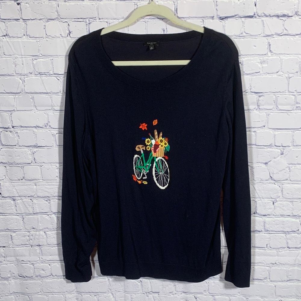 Talbots Womens Crewneck Lightweight Sweater Fall Bike Front Graphic Navy Size 2X